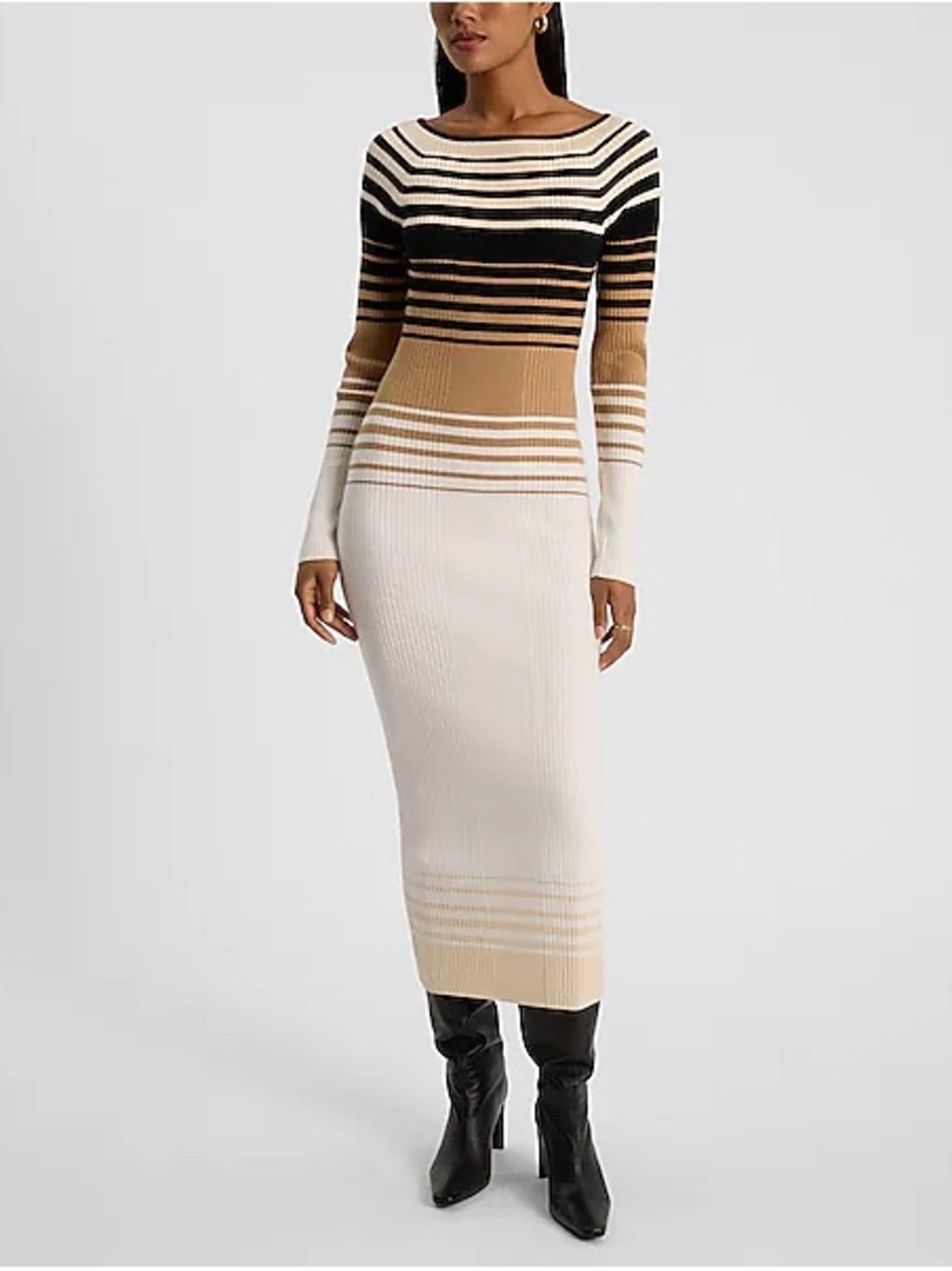 Express Striped Ribbed Midi Dress in Black & Cream